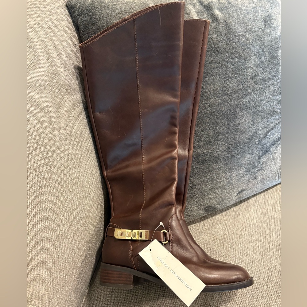 French Connection Yolanda knee high Brown Leather Roding Boots. NWOB